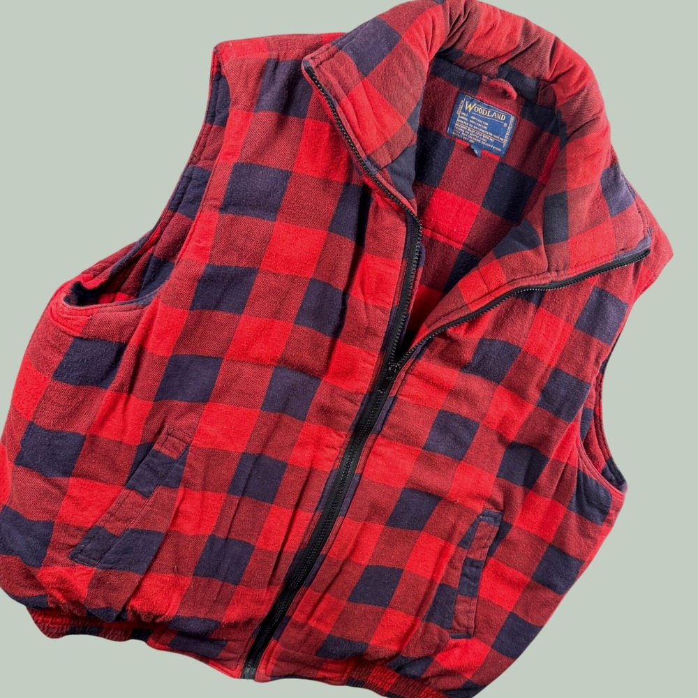Vintage Woodland Padded Vest Mens XL Red Buffalo Check Plaid Winter Quilted
